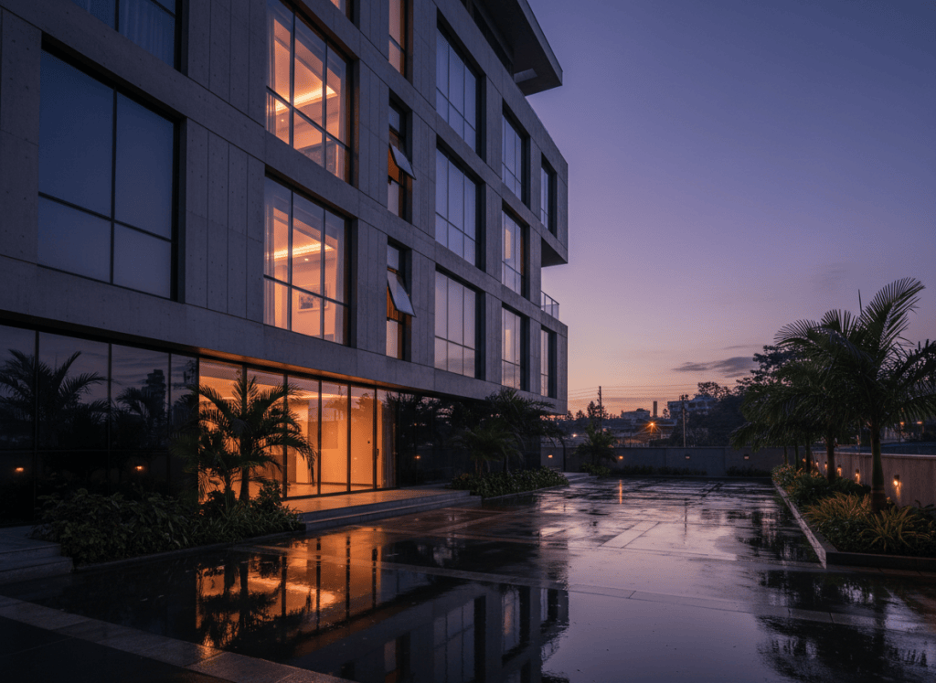 Dramatic architectural photograph of a modern luxury residential building exterior at dusk in Kigali Rwanda, warm interior lights glowing, clean geometric concrete and glass facade, sophisticated moody dark tones, professional real estate photography, cinematic