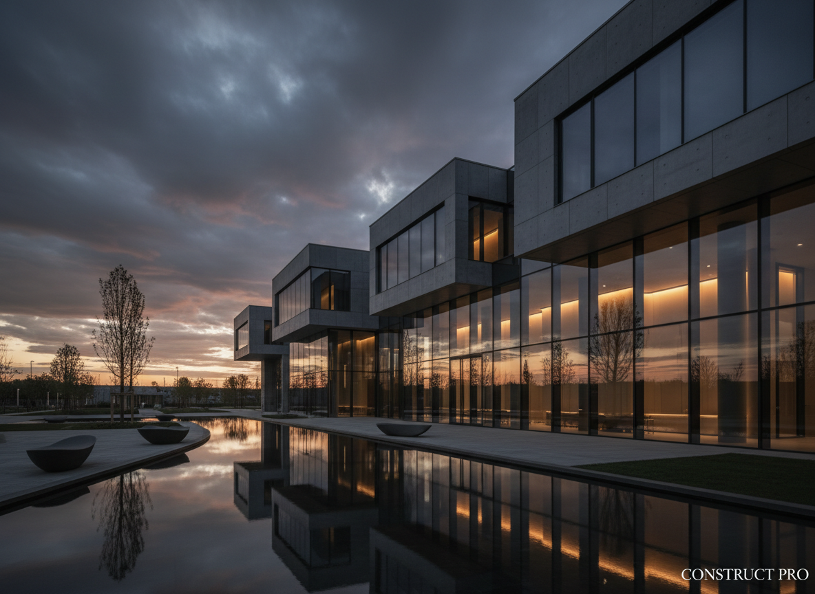Sophisticated architectural photograph of a modern concrete and glass building under a moody dusk sky