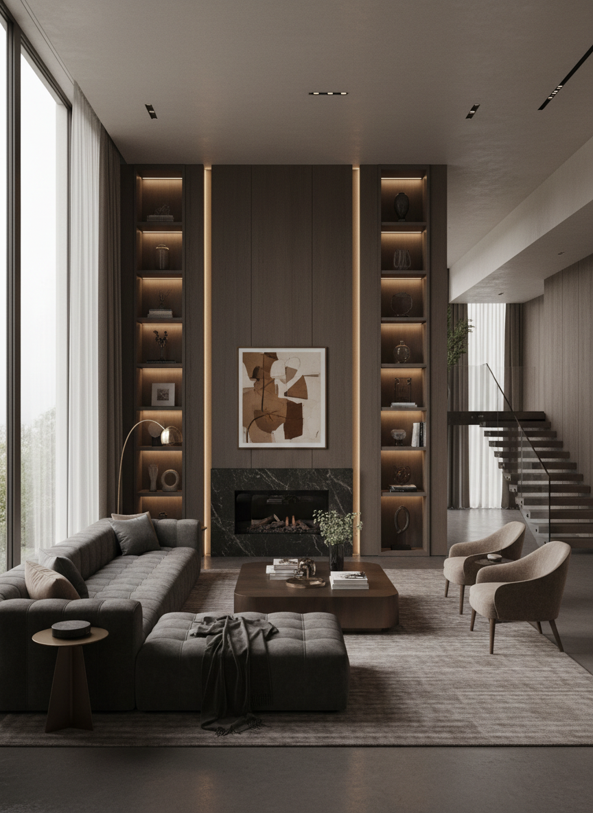 Warm sophisticated interior of a modern luxury home with refined finishes
